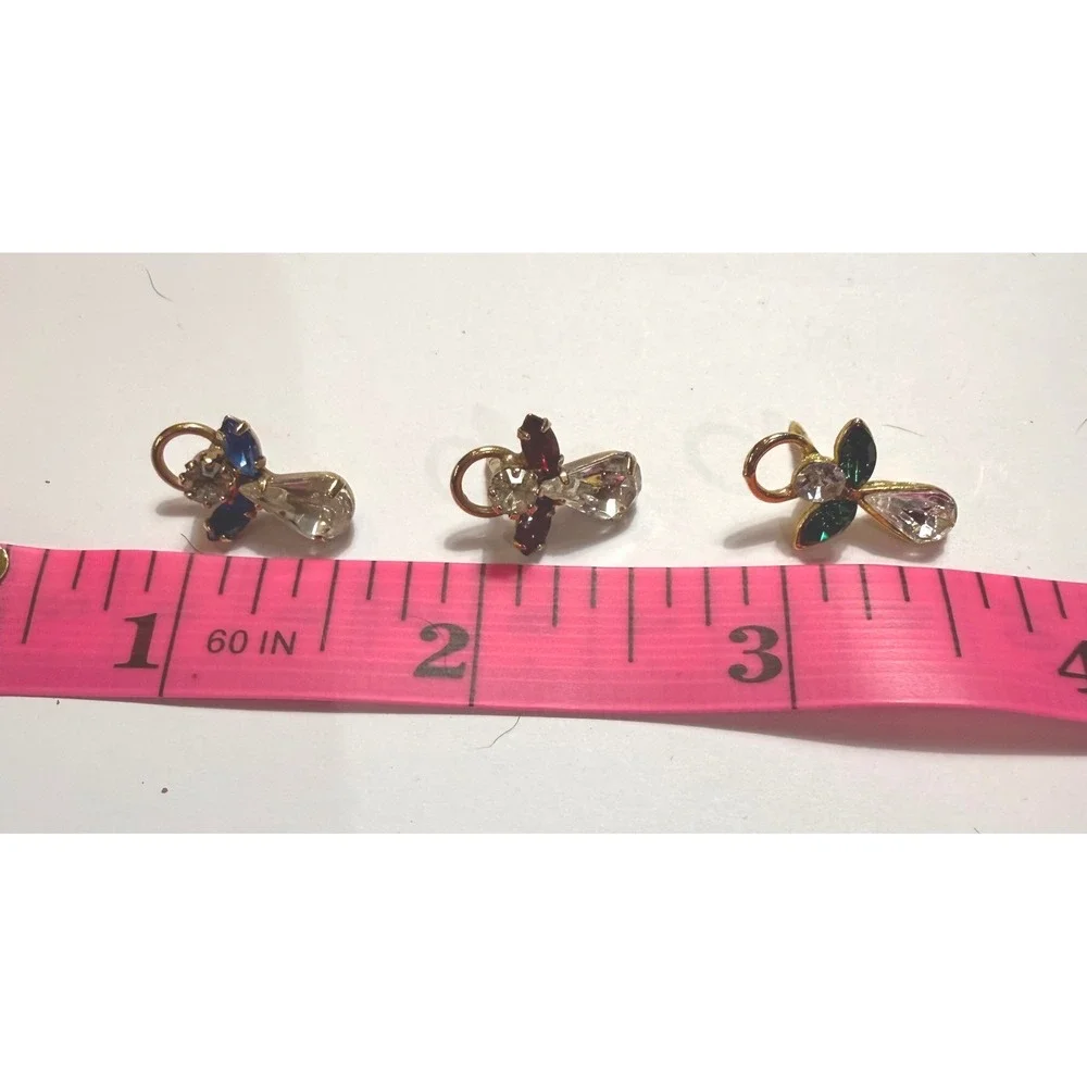 Vintage Angel Lapel Pin Set 3 Gold Tone Rhinestone Red Blue Green Christmas Pins